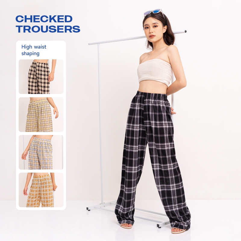 Celana Kotak-kotak Pinggang Tinggi Wanita Celana Kulot Wanita Gaya Korea