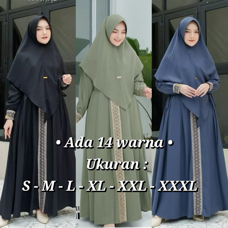 KANAYA SYARI - gamis plus hijab bahan shakila premium resleting depan ada sakunya aplikasi renda uku