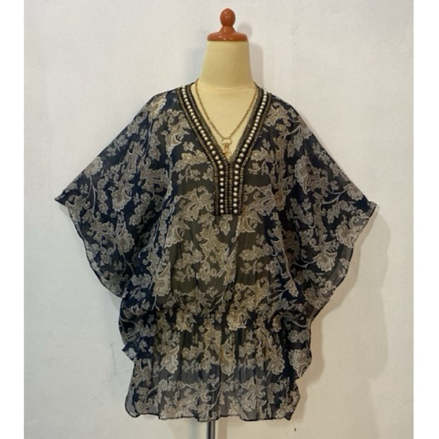 Atasan Blouse Dress Tunik kaftan bahan siffon premium kombinasi mote lengan batwing warna hitam puti