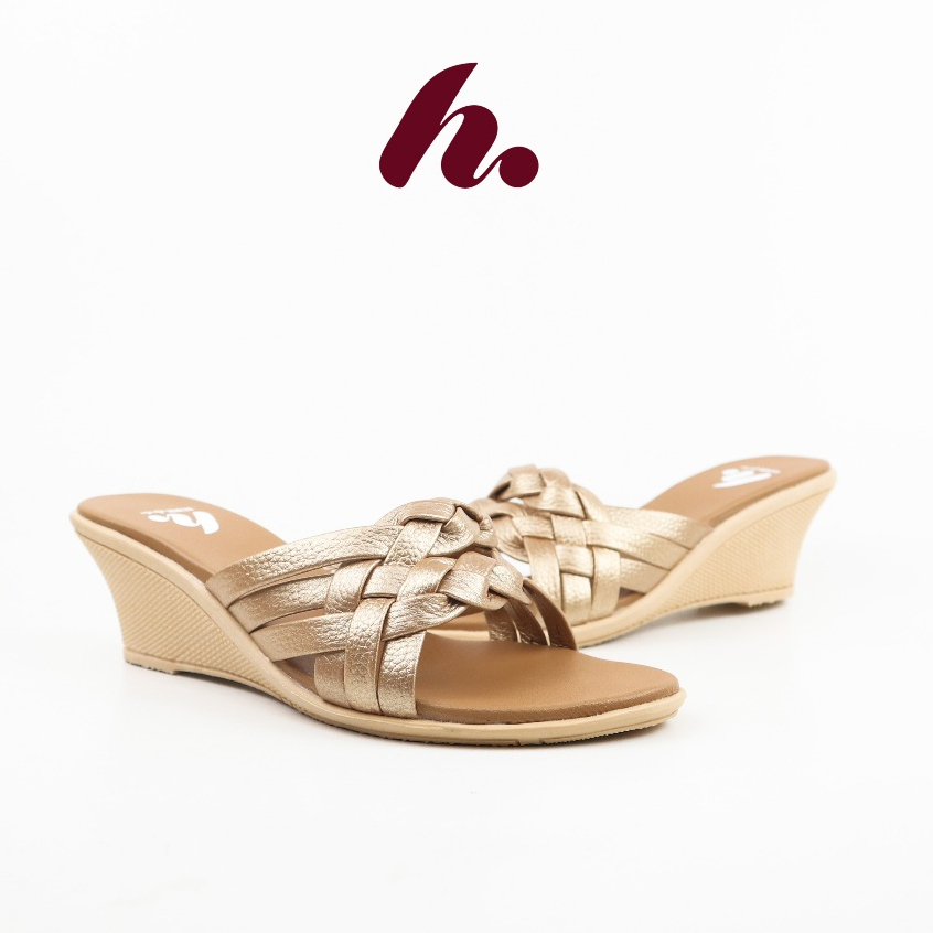 Hurrik | Naya Gold Wedges 5cm | Sandal Kulit Wanita Wedges 5cm | Sandal Wanita Kulit Sapi Asli