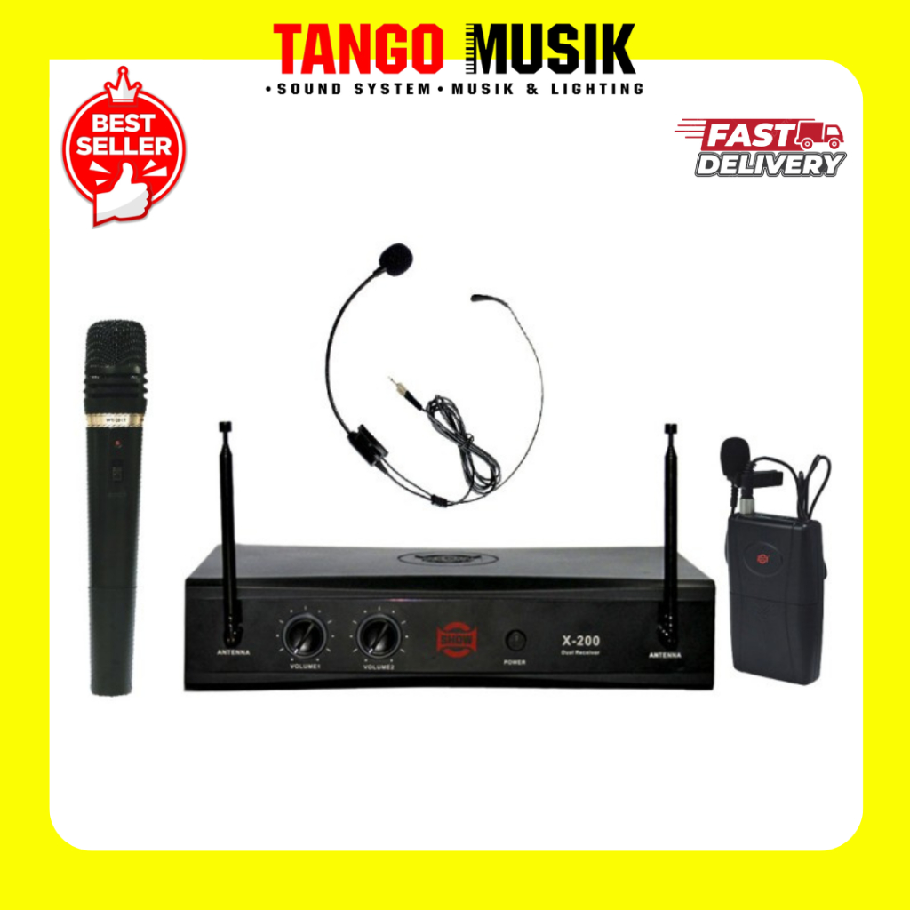 MIC WIRELESS SHOW X-200 2 HANDLE ORIGINAL / Mic Wireless 3 IN 1 1 Clip On, 1 Headset, 1 Mic Handle S