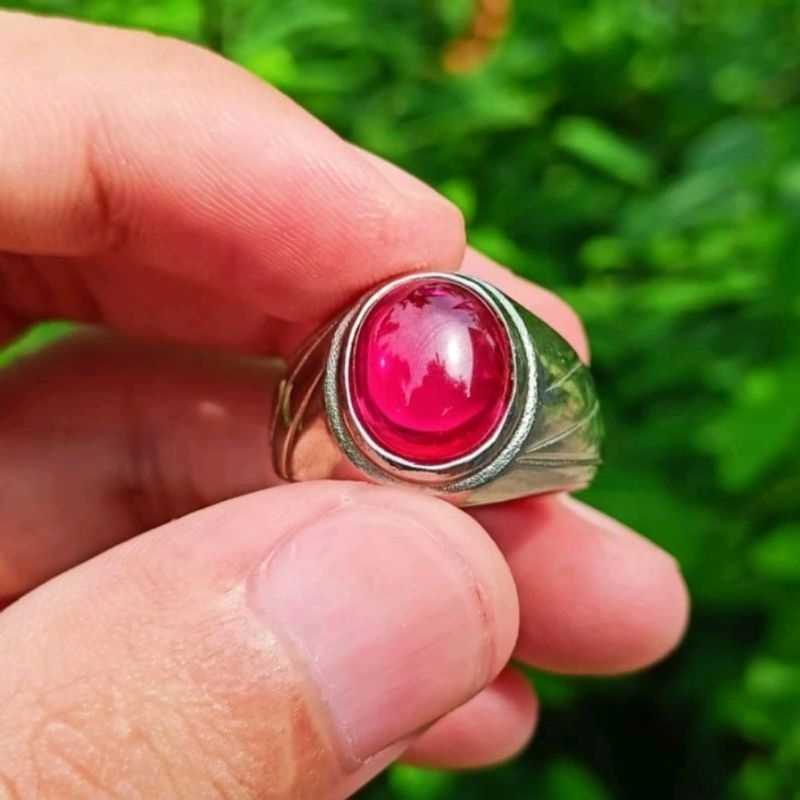 CINCIN AKIK PERMATA BATU MERAH SIAM CHATAM RING TANAM TITANIUM SILVER SIAP PAKAI