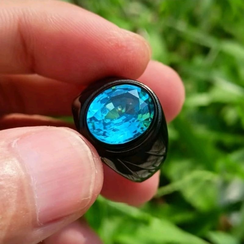 BAYAR DITEMPAT BATU CINCIN PERMATA AKIK BLUE TOPAS CUTTING CHATAM RING TANAM TITANIUM HITAM SIAP PAK