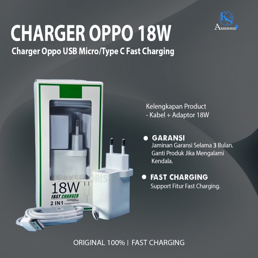 Charger Oppo 18W FAST CHARGING USB TYPE C/USB MICRO ORIGINAL 100% CAS OPPO ASLI