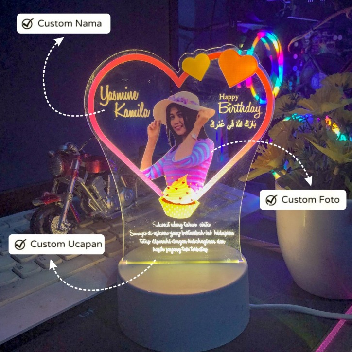 Lampu Tidur Akrilik Custom Foto Transparant LED Cocok untuk Hadiah Kado Valentine Hampers Ulang Tahu