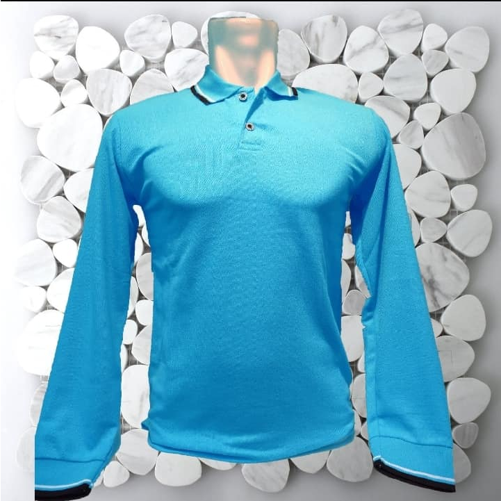 Kaos kerah PANJANG Biru Muda Lengan KARET/ Polo Polos Panjang Biru Muda / Kaos Polo List Biru Muda /