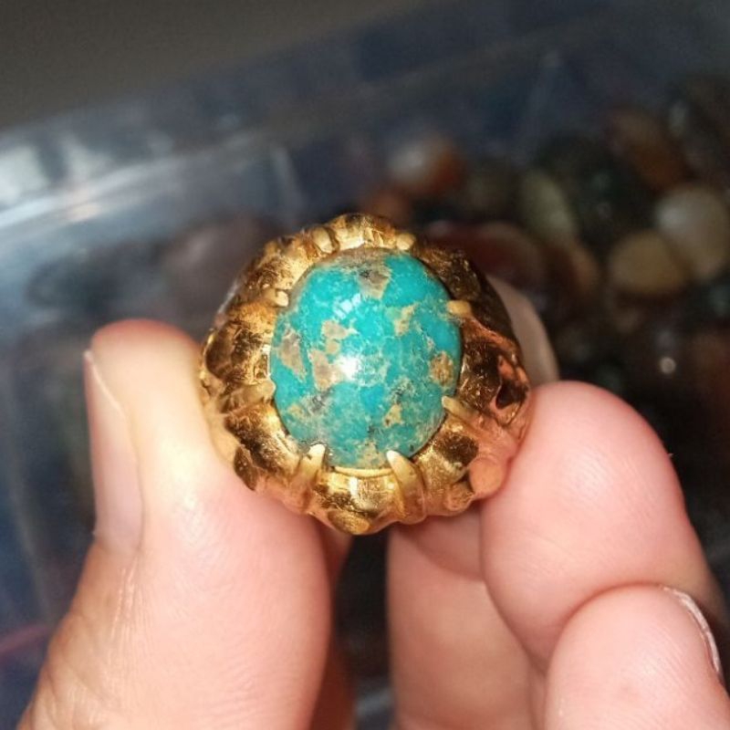 Cincin Batu Permata Pirus Persia Biru Tosca Asli