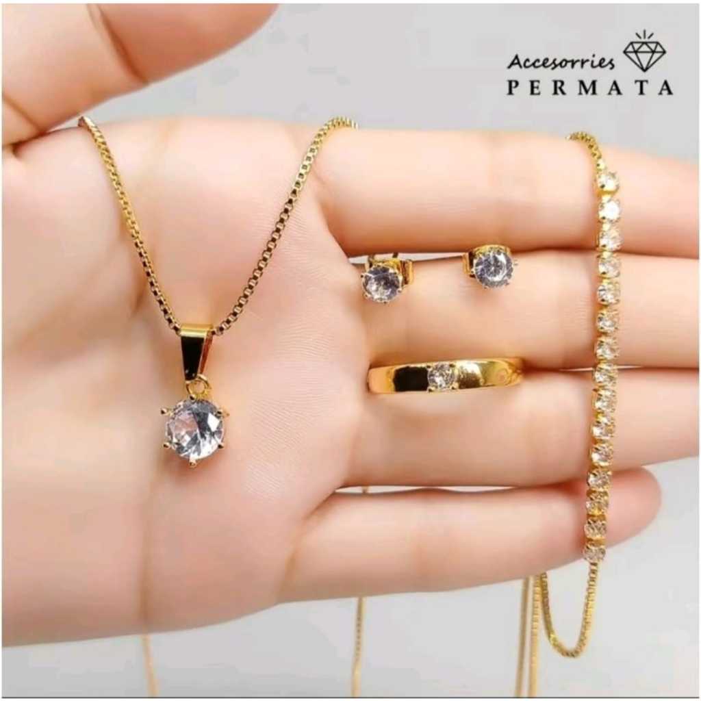 PERHIASAN TITANIUM, SATU SET LENGKAP AKSESORIS WANITA MOTIF GELANG SERUT ANTI KARAT