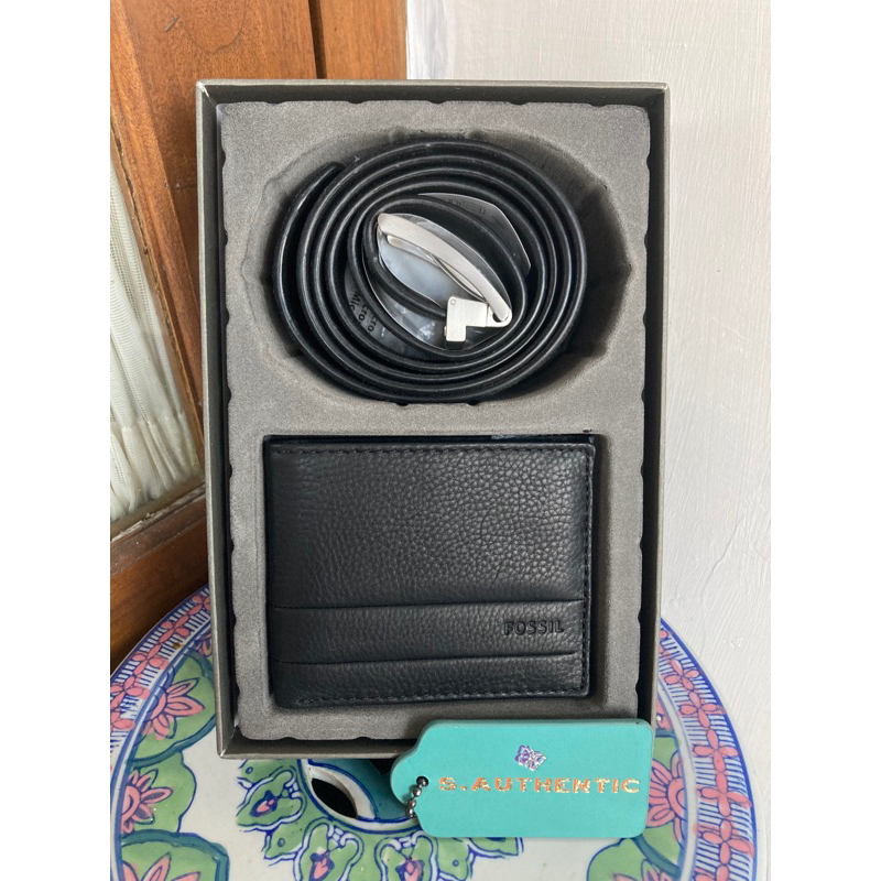 Fossil Men Enric Gift Set Wallet Belt Black AUTHENTIC