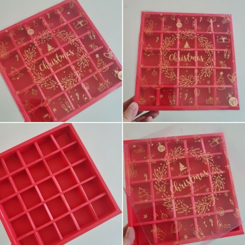 

5 pcs box mika kemasan nastar sekat isi 25 warna merah ukuran 3x3x3cm natal