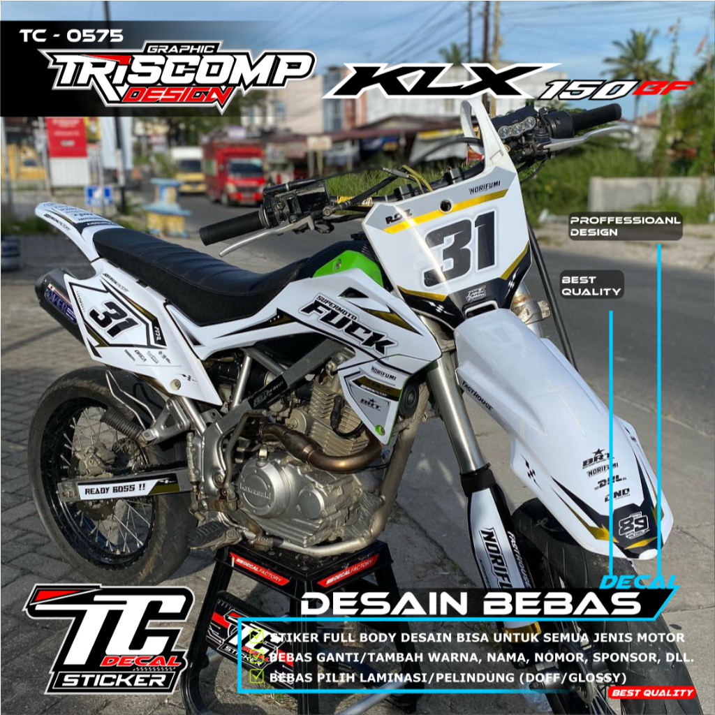 Sticker Motor KLX BF 150 new decal fullbody motif simpel kombinasi gold chrome bisa reques nomor dan