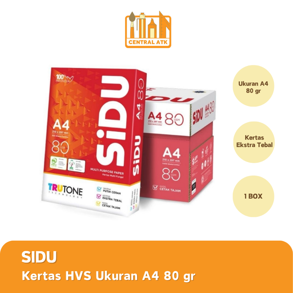 

KERTAS HVS / PRINT / FOTOCOPY SIDU A4 80 GRAM (1 BOX )