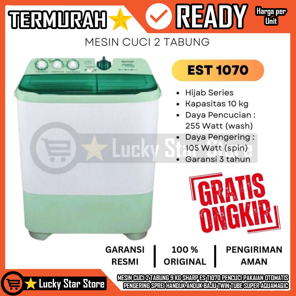 [Instant] Pencuci Pakaian Otomatis Mesin Cuci 2 Tabung 9 Kg SHARP ES T1070 Pengering Sprei Handuk An