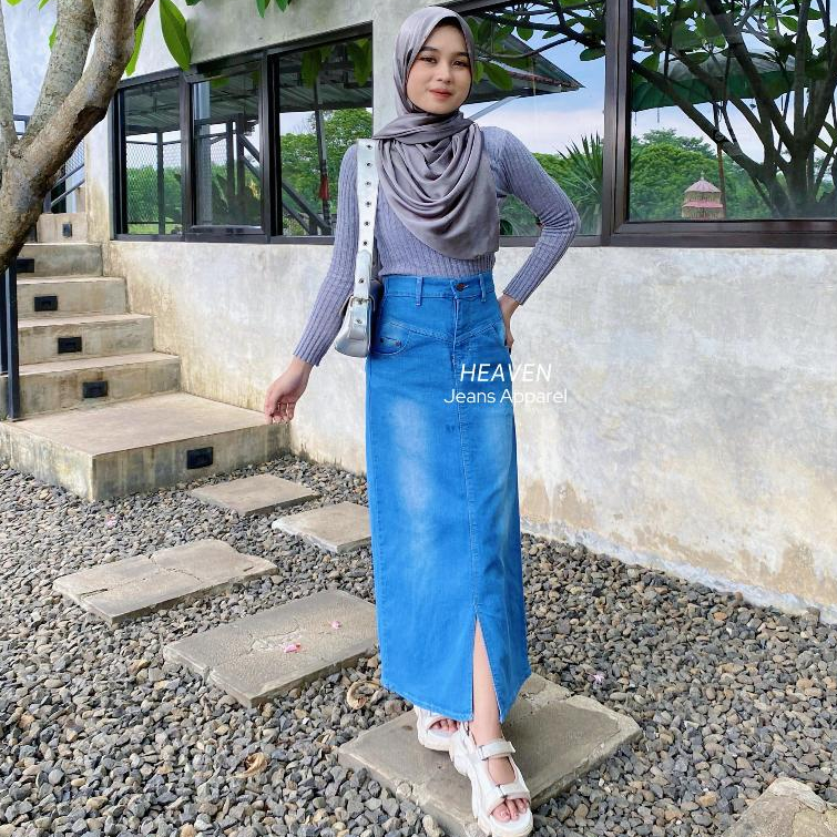 VALORA Rok Jeans Highwaist Korean Skirt Strechy Wanita Panjang // Belah Depan Denim Melar