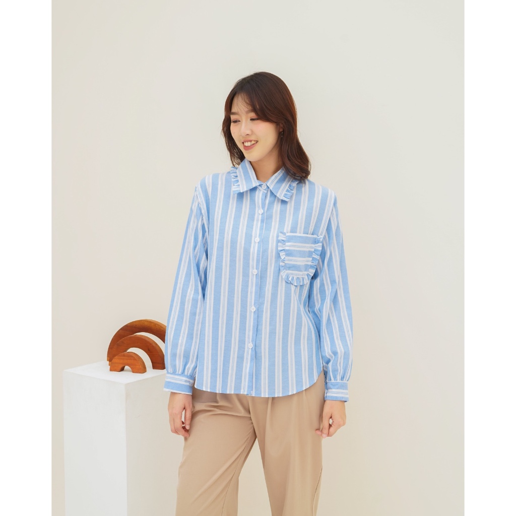 Kemeja Salur Wanita / Kemeja Korea Lengan Panjang