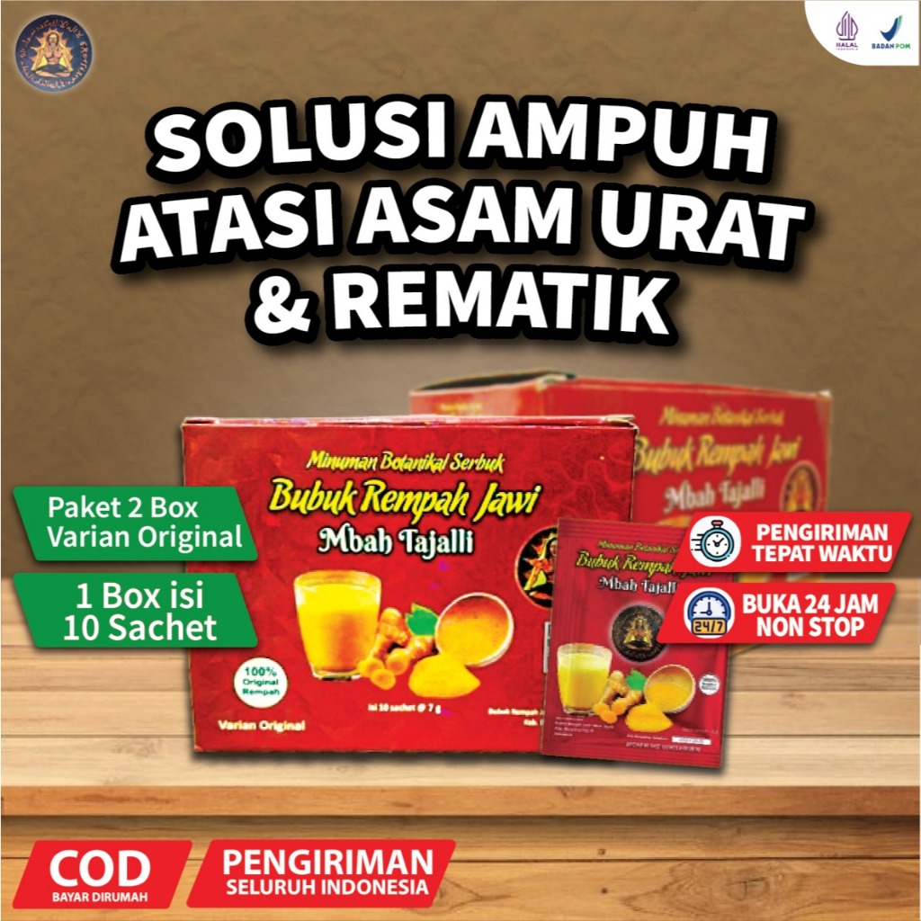 

2 BOX ( 20 SACHET) BUBUK REMPAH JAWI MBAH TAJALLI AMPUH ATASI REMATIK PEGALINU NYERI SENDI DAN ASAM URAT 100% ORIGINAL