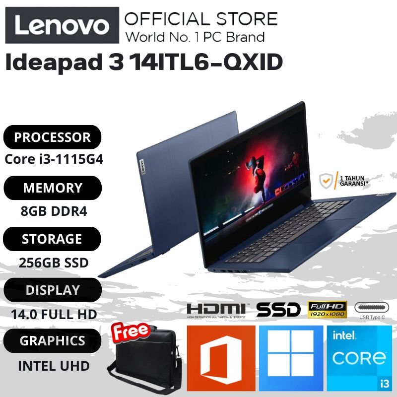 [Exclusive] Lenovo Ideapad 3i 14ITL6-QXID - i3-1115G4 - 8GB - 256GB SSD - 14.0 FHD - Intel UHD Graph