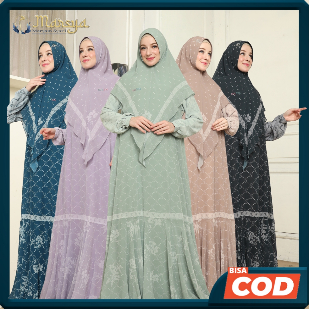 Set Gamis Dress Ceruty Babydoll Printing Premium Syari Branded Mewah Masya Syari Original Terbaru So