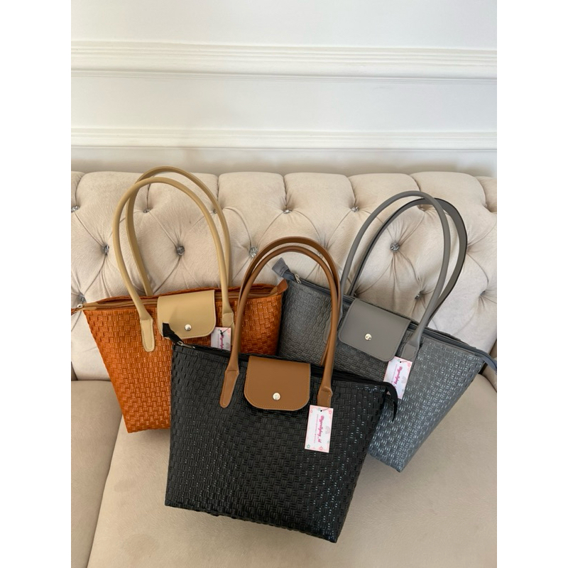 ELCY BAG Totebag Tas Jali Tas Anyaman Plastik Premium Kombinasi kulit Sintesis