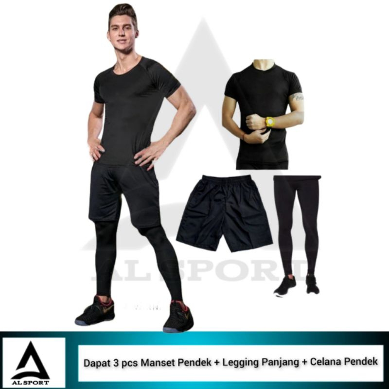 Full set Olahraga Pria Baju Manset Lengan Pendek Kolor Dan Legging
