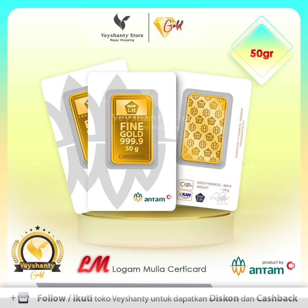 [VEYSHANTY] Emas ANTAM Logam Mulia Certicard - Jenis Emas LM 50 gram Press Reinvented | Perhiasan | 