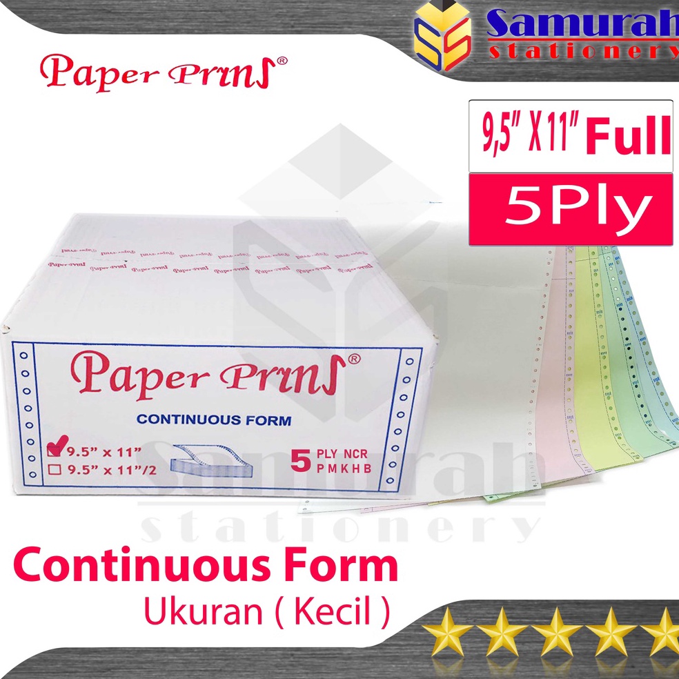 

Ready Stok Kertas Continuous Form Paper Prins 95 x 11 Full Atau 95 x 112 Bagi 2 K5 Ply NCR PRS Kertas Komputer Karbon PaperPrins Rangkap 5 Warna CF Paperpryns 5 Ply Carbonize G8