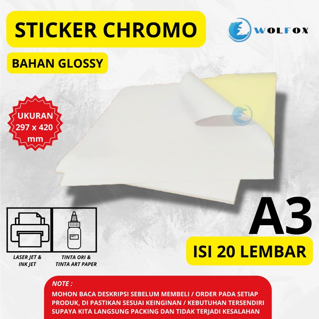 

STICKER CHROMO A3 ISI 20 LEMBAR / KERTAS STIKER GLOSSY A3