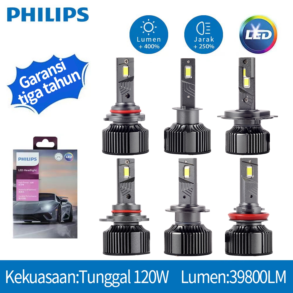 Lampu Depan Philips Versi Super Terang Asli Lampu Depan LED 120W Bohlam Lampu Putih H1 H4 H7 HB3 HB4