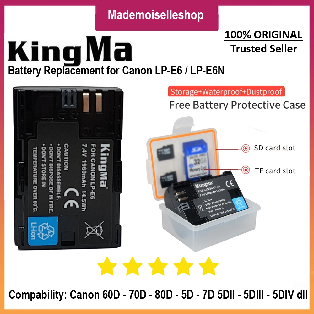 Kingma Battery Replacement for Canon LP-E6 - Baterai Kamera Canon 60D 70D 80D- 1960mAH - Free Batter