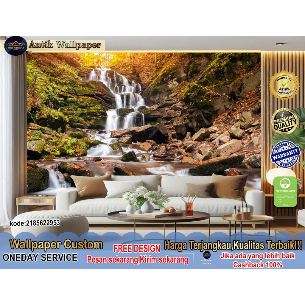 Wallpaper Custom 3D Motif Air Terjun | Watterfals | Ruang Tamu