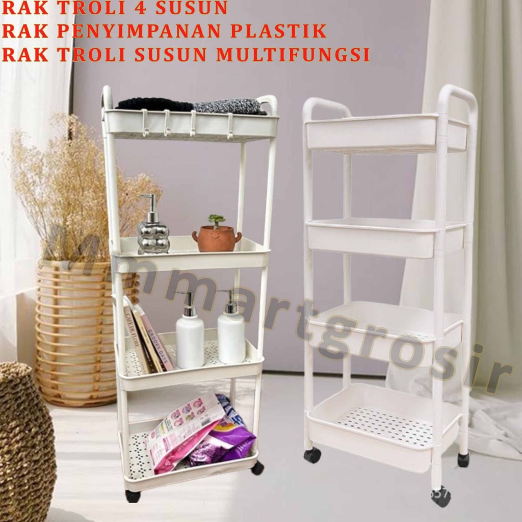 Rak Troli / Rak Penyimpanan Plastik / Rak Troli Susun Multifungsi / Rak 4 Susun
