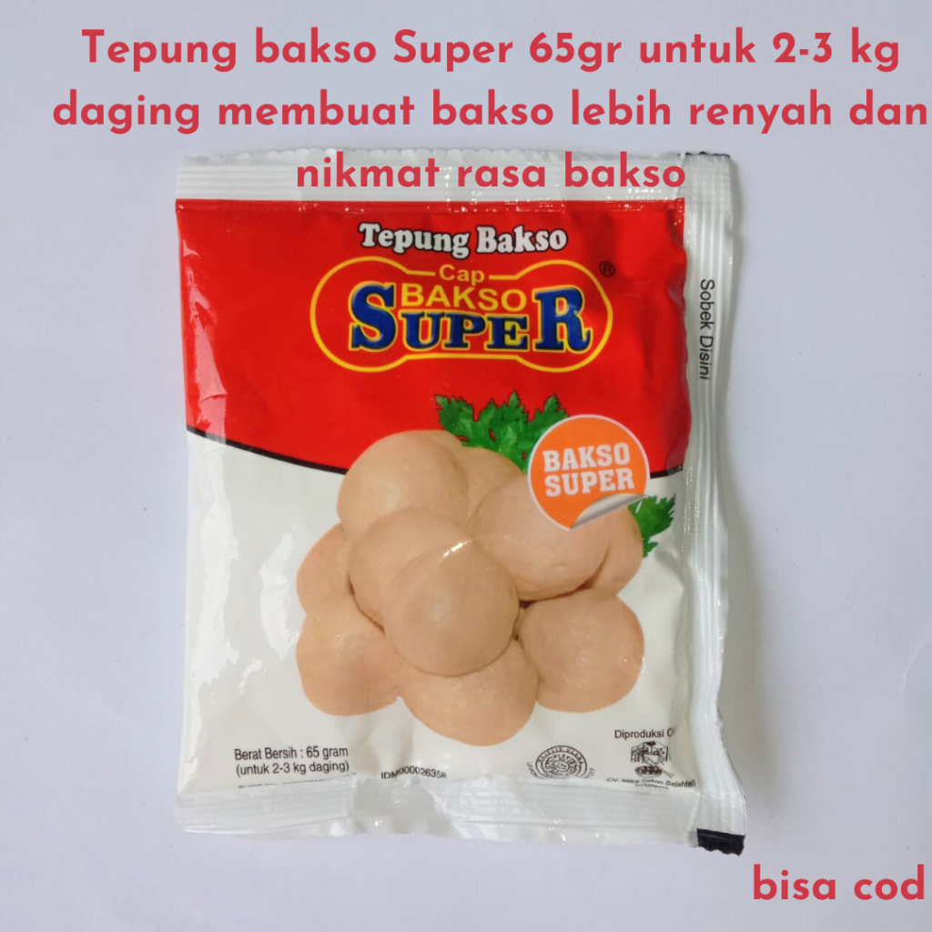 

Tepung bakso Super 65gr untuk 2-3 kg daging membuat bakso lebih renyah dan nikmat rasa bakso