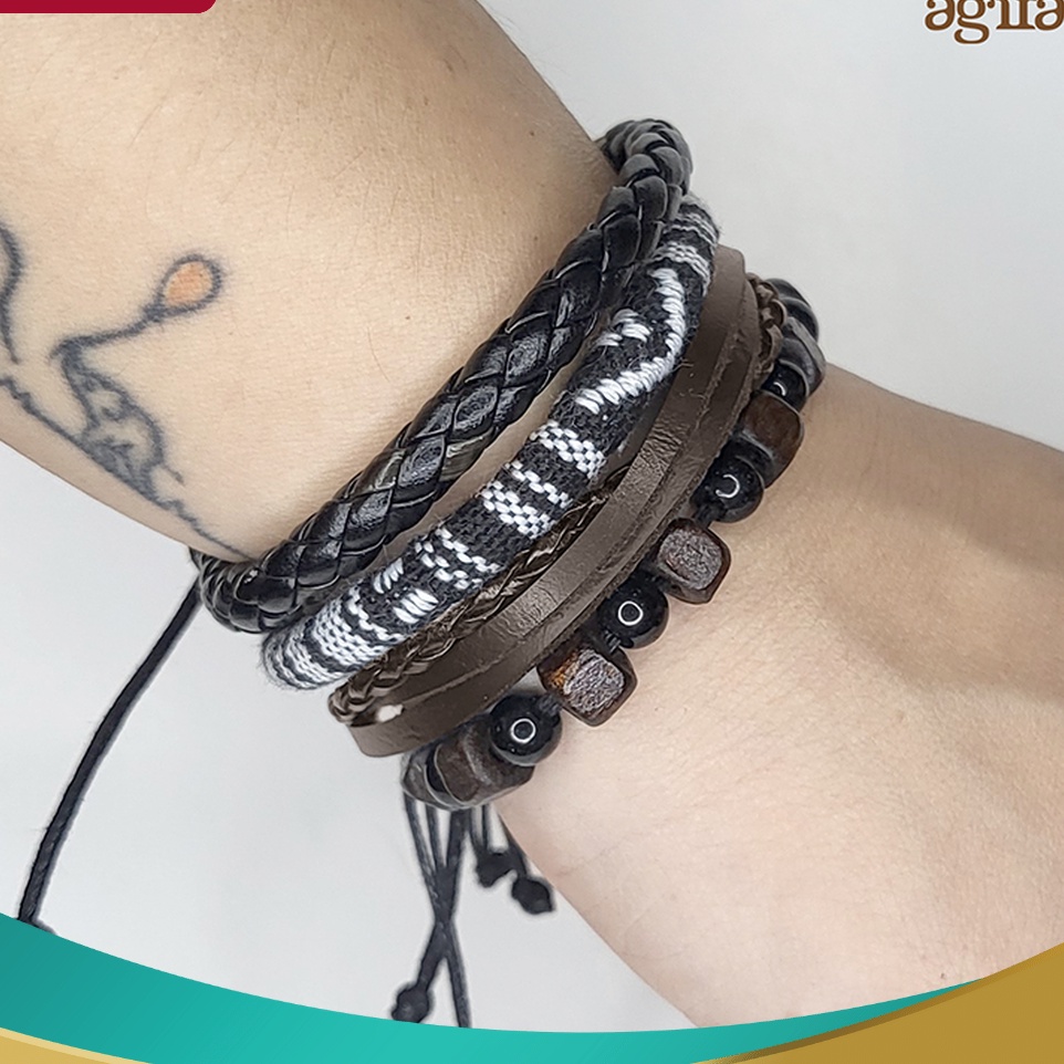 SPESIAL GMT4D Gelang Multilayer Set isi 4 pcs  Gelang Pria Etnik Vintage Retro Style