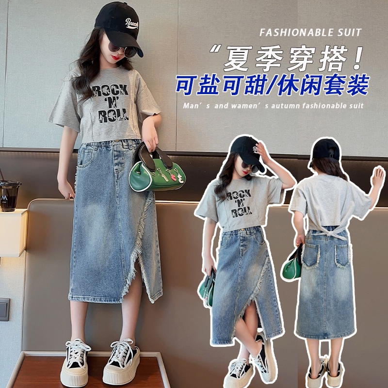 [YORI'S STORE] SETELAN KAOS LENGAN PENDEK ROCK N ROLL ROK DENIM CELAH GAYA KOREA ANAK PEREMPUAN IMPO