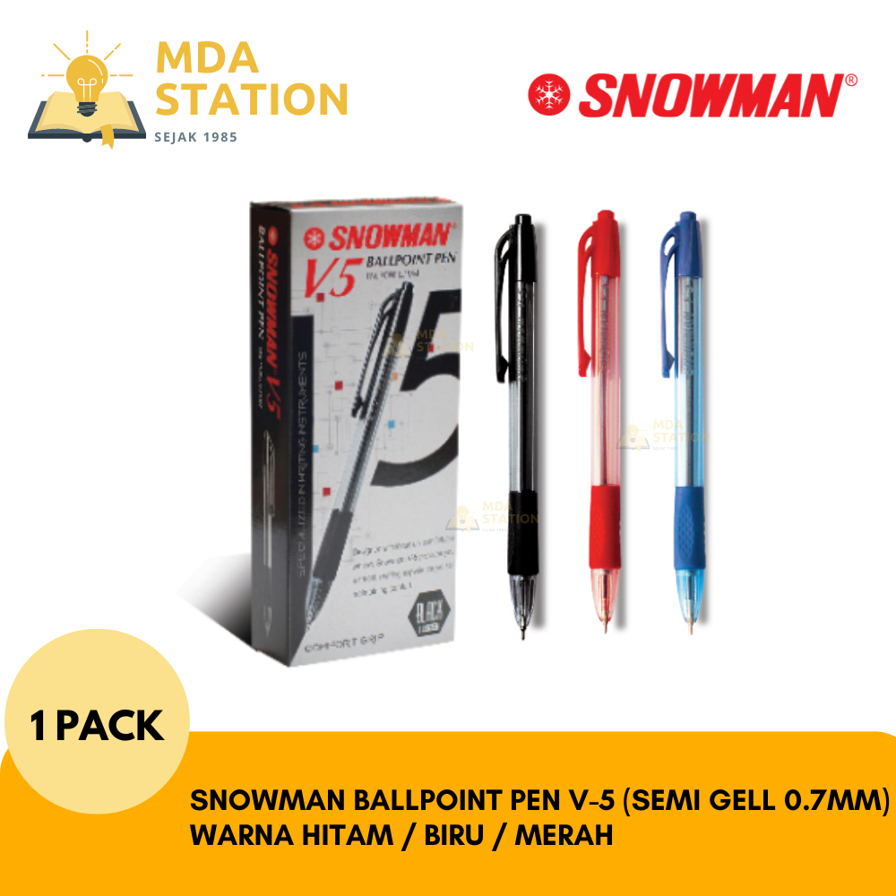 

SNOWMAN Ballpoint Pen V-5 SEMI GELL 0.7 mm Warna Hitam/ Biru/Merah (1 PACK ISI 12 PCS) | MDA STATION