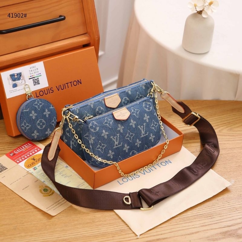 Tas Wanita Lv Multi Pochette Blye Denim Jeans GHW Monogram Full Emboss