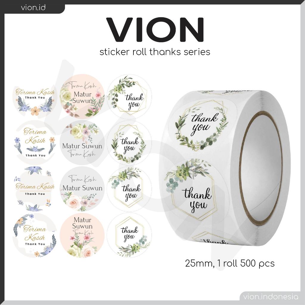 

VION 500 Pcs Stiker Label Thank You 2.5cm Sticker Roll Terima Kasih Warna Tempelan Ucapan SS001