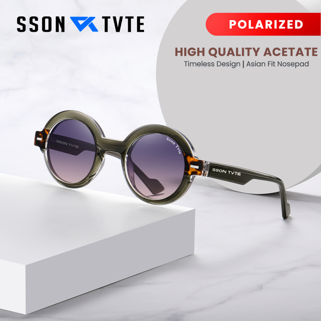 SSON TVTE Frame Kacamata Hitam Minus Polarized Sunglasses Pria Wanita Frame Bulat Acetate S26109