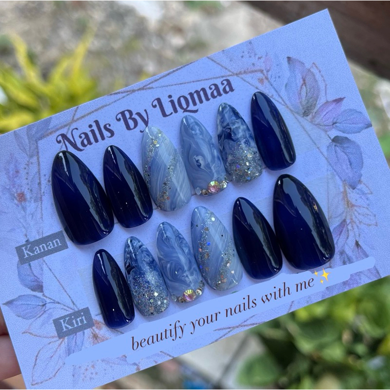 NAVY KOMBI PERMATA RUNCING / KUKU PALSU / NAIL ART / KUKU PALSU WEDDING / NAIL ART WEDDING