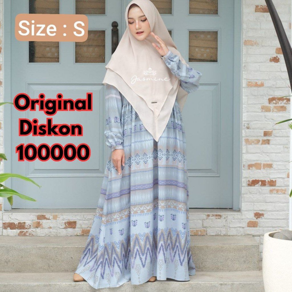 Jasmine qinanty babyblue s biru gamis pesta harian motif batik lebaran busui rok lebar diskon cuci g