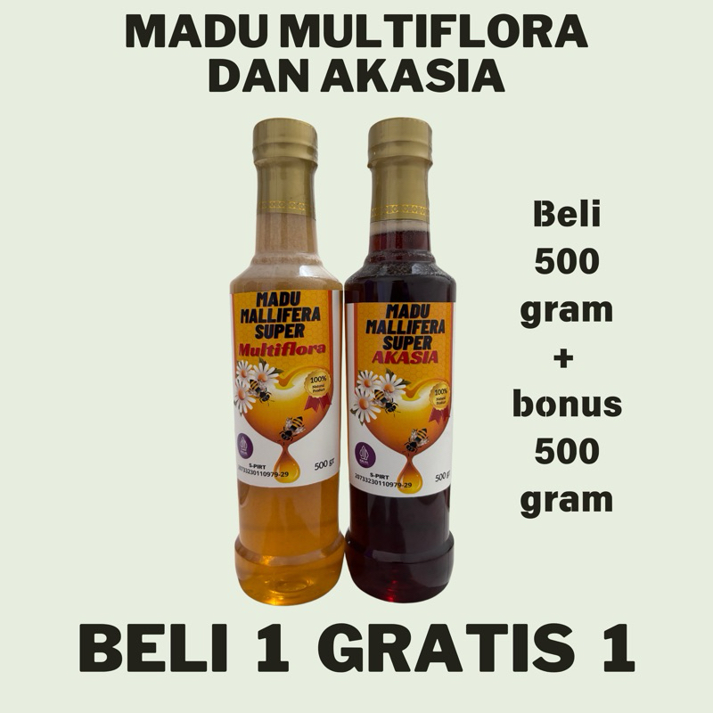 

PROMO BELI 1 GRATIS 1 MADU MALLIFERA SUPER MADU MULTIFLORA 500GR + MADU AKASIA 500GR