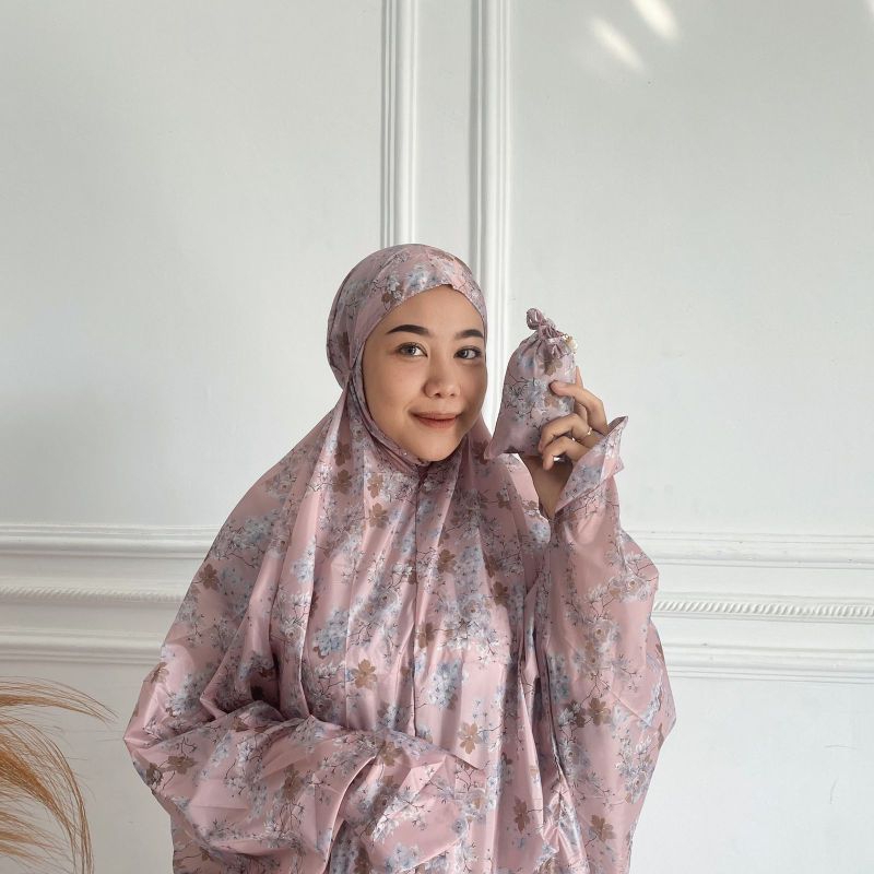 mukena traveling mini pouch terkecil, mukena terusan motif bahan parasut impor korea