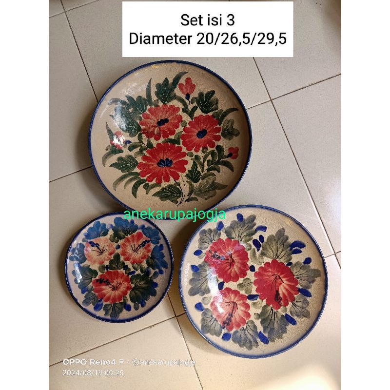 3 buah piring keramik lukis motif bunga retak 1000 di buat seperti antik kuno untuk dekorasi hiasan 