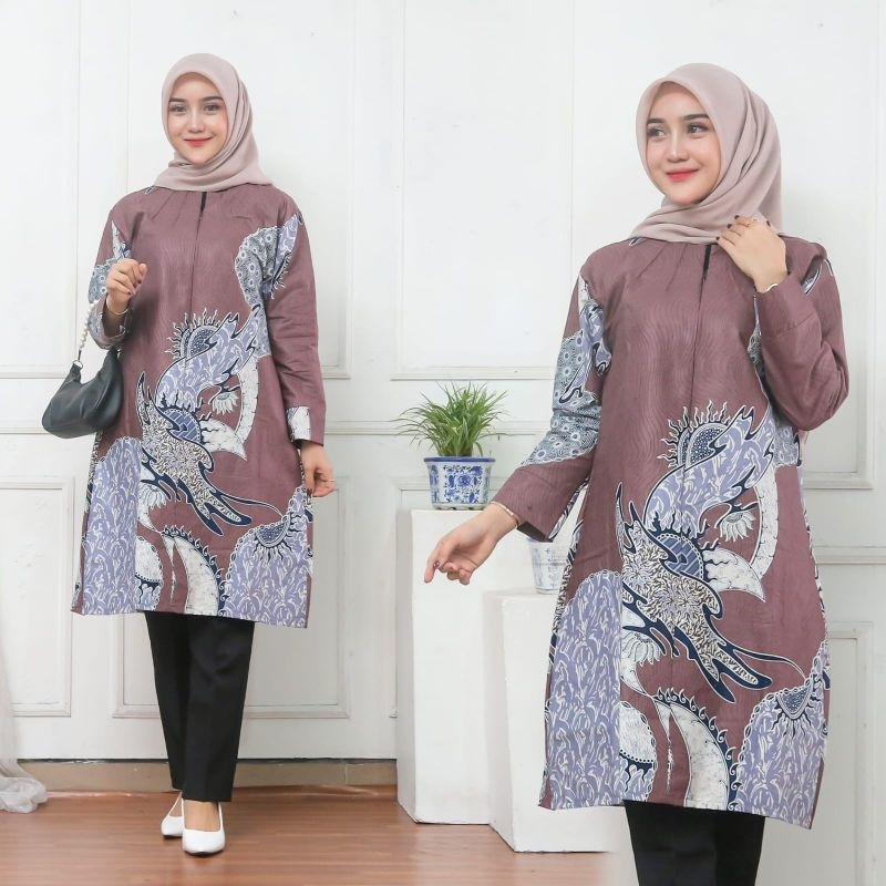 Couple tunik / dress batik dan kemeja batik pria lengan panjang warna salem