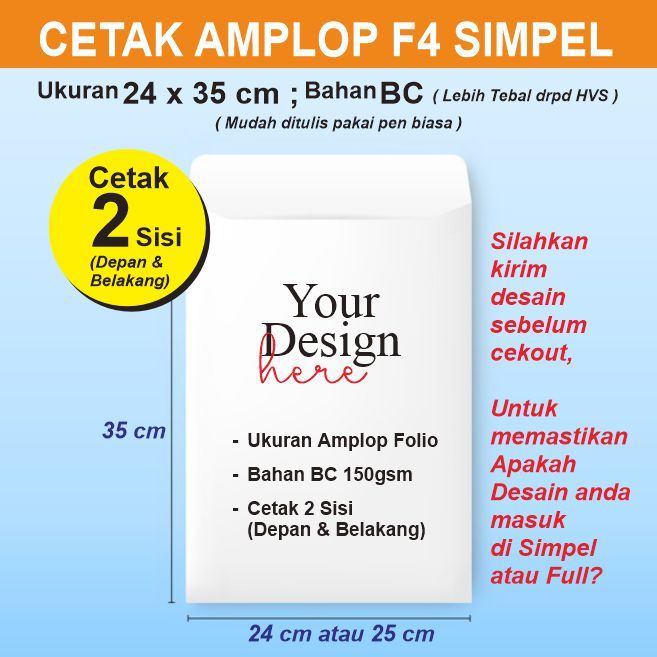 

Amplop F4 BC Lebih Tebal daripada HVS | Amplop Folio 24x35 cm | Amplop Folio 25x35 cm Bahan BC Cetak Laser