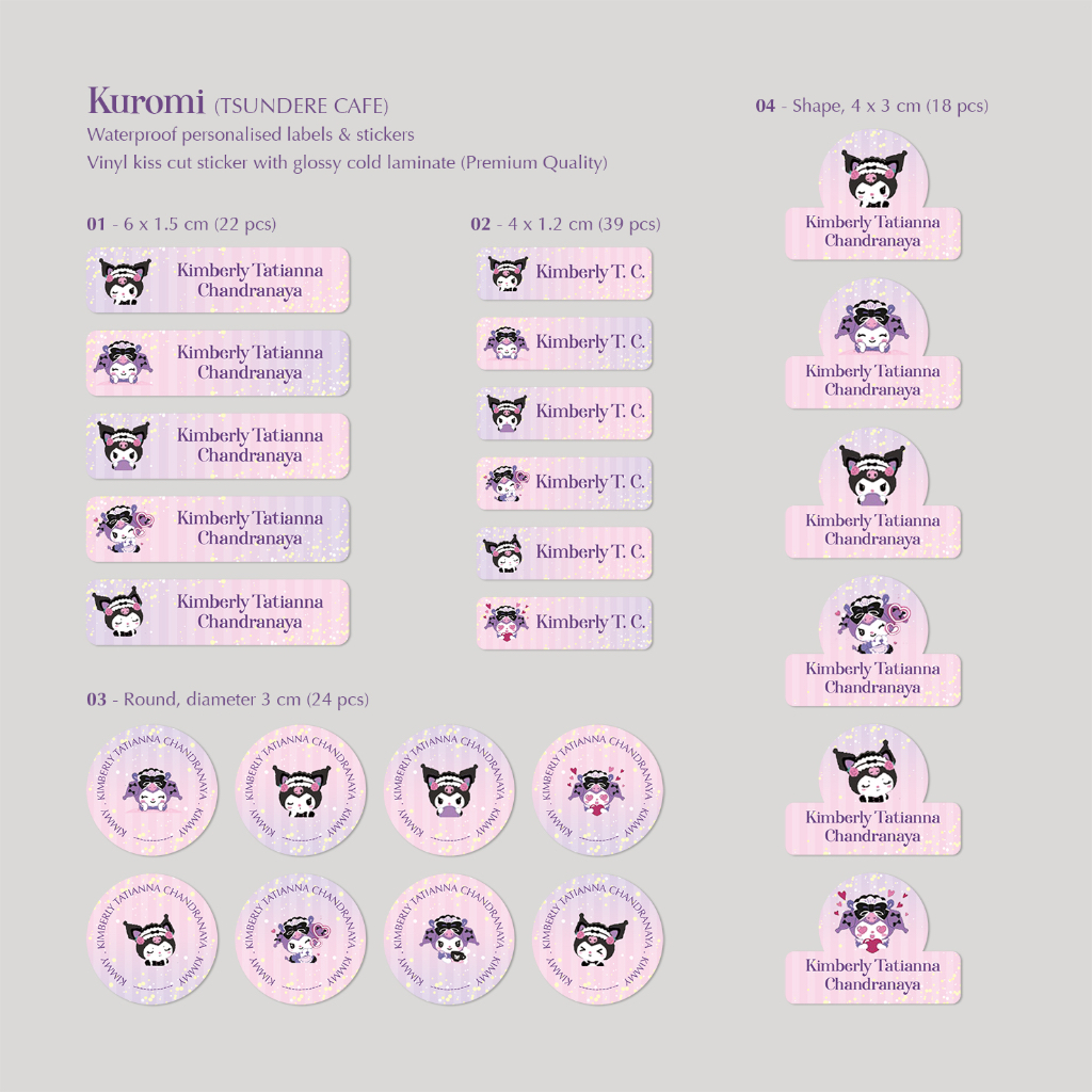 

KUROMI (Tsundere Cafe) / SINGLE PACK (4 bentuk , 4 ukuran) / LABEL & STIKER NAMA WATERPROOF