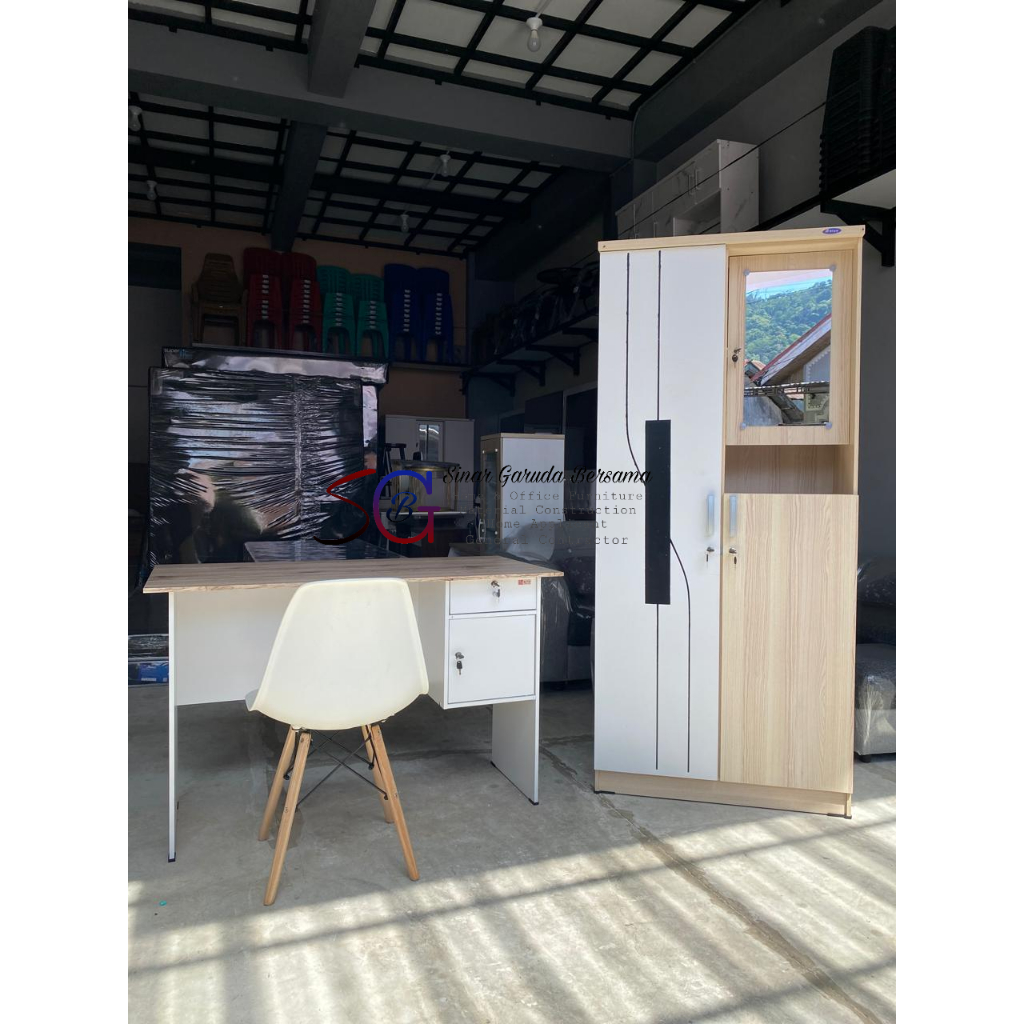 PAKET LEMARI + MEJA + KURSI COCOK UNTUK ANAK KOS / PAKET KAMAR KOS SONOMA OAK WHITE