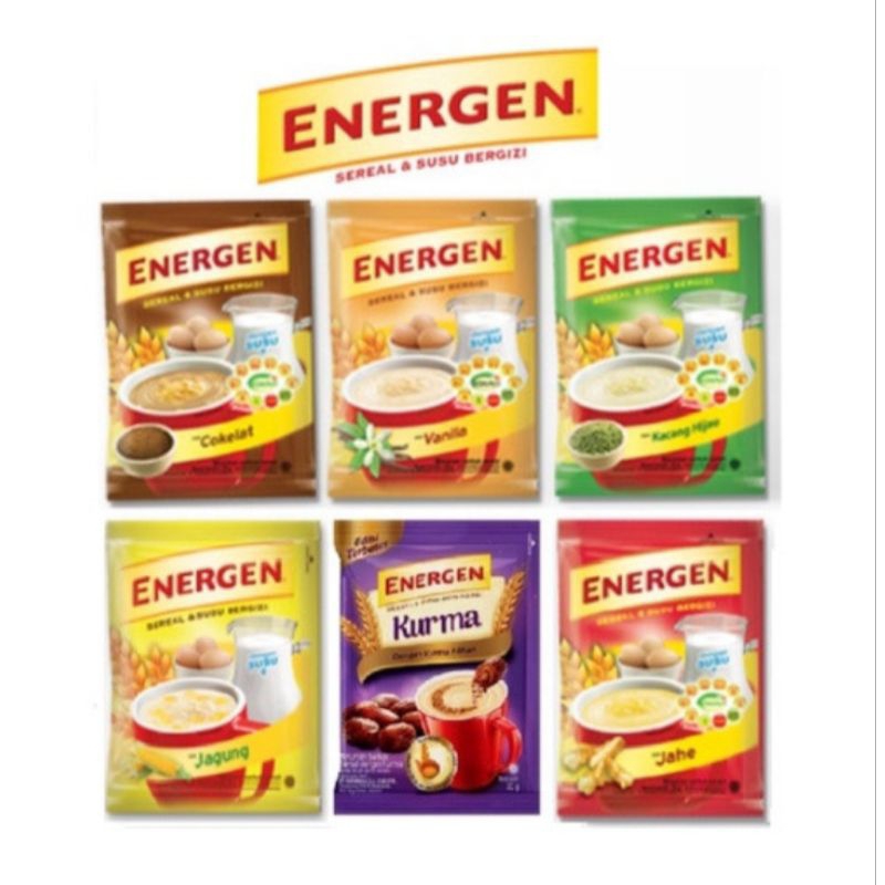 

ENERGEN VANILLA, KACANG HIJAU, COKLAT, JAHE, KURMA 1 RENCENG (10 SACHET )