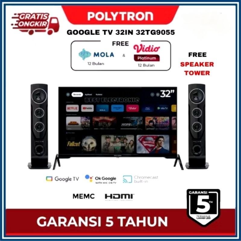 POLYTRON 32TG9055 TV LED 32 INCH ANDROID GOOGLE TV SPEKER TOWER