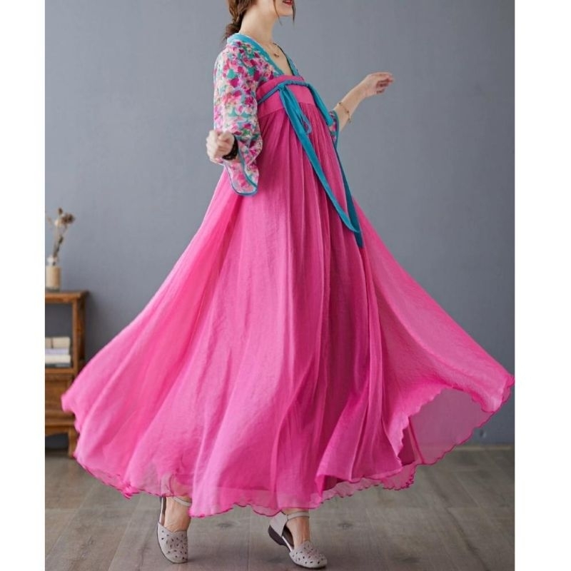 98001 Baju maxidress longdress MEIXI CHEST-HIGH HANFU HANBOK MAXI DRESS bunga pink dres tradisional 